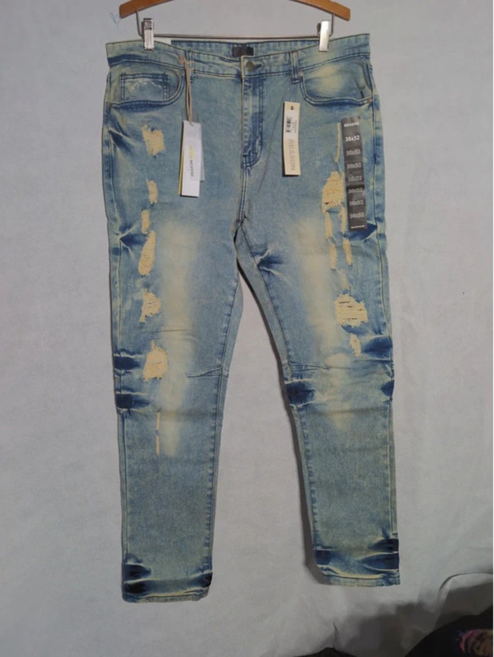 NWT Reason Brand Mens Distressed Skinny Jeans Light Acid Wash 38x32 RR5-207 1